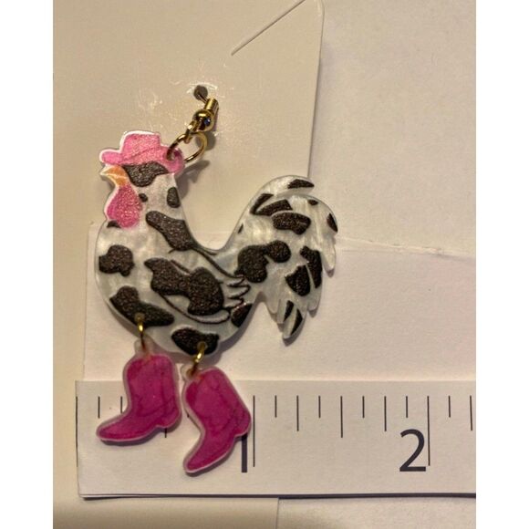 Rooster Earrings Spotted Chicken Dangle Hot Pink Cowboy Boots Quirky Western - Picture 6 of 7